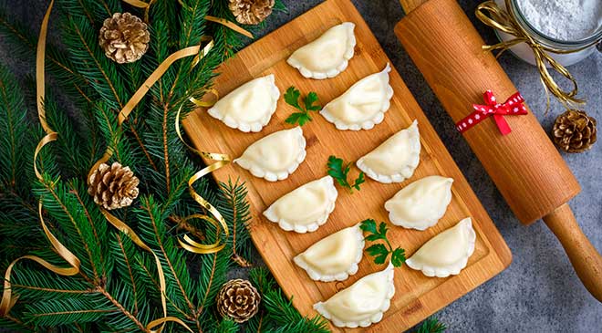 Dumplings in a holiday table setting.