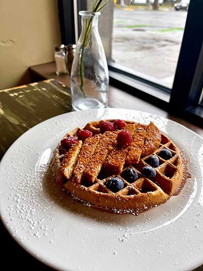 Wayward Cafe Waffle with Berries and Vegan Chicken